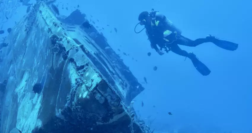 a diver near a shipwreck