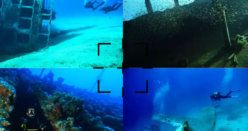 A collage of four wreck photos in a camera viewfinder